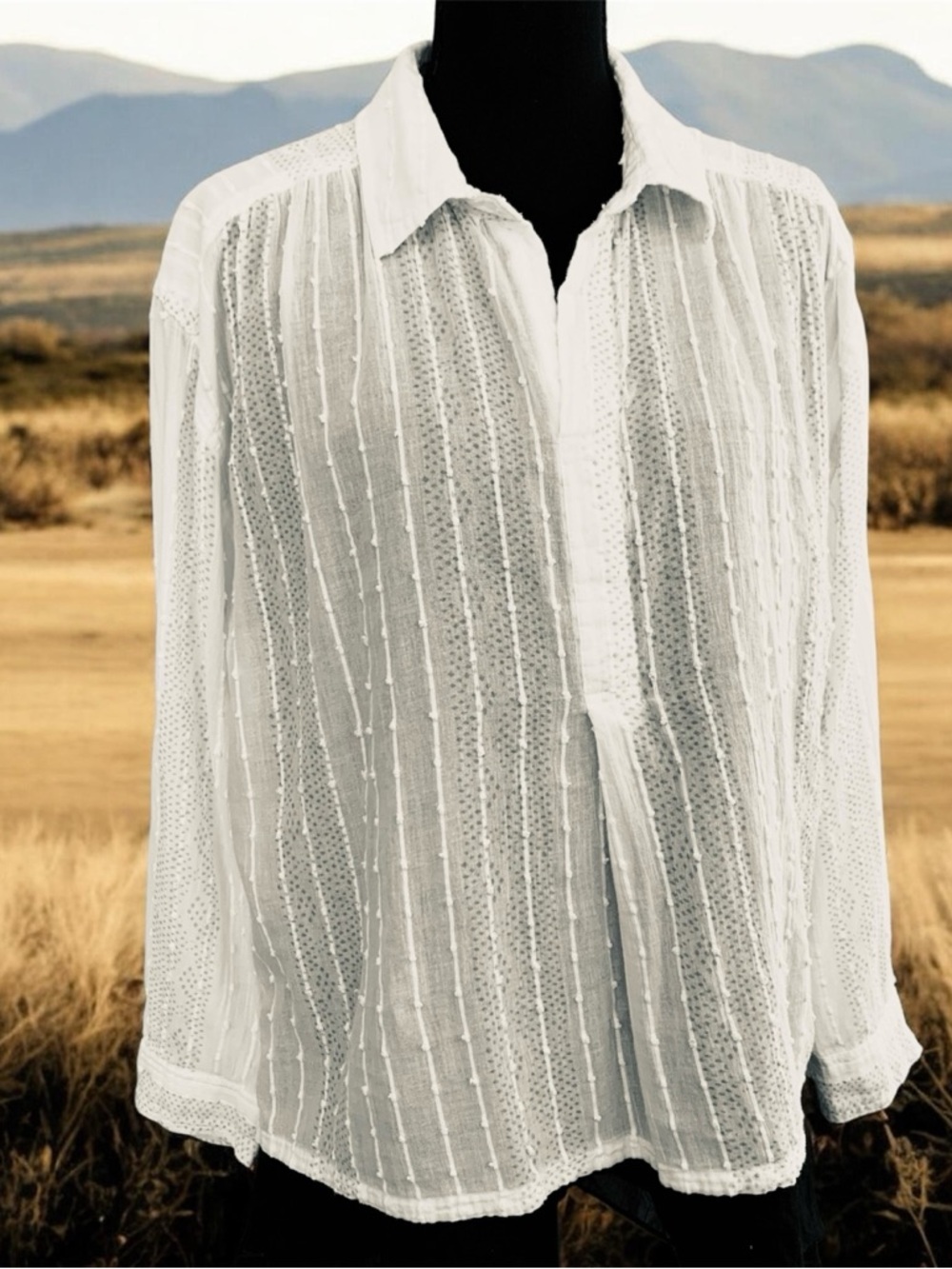 Sundance White Textured Open Collar Long Sleeve Shirt 💯 cotton